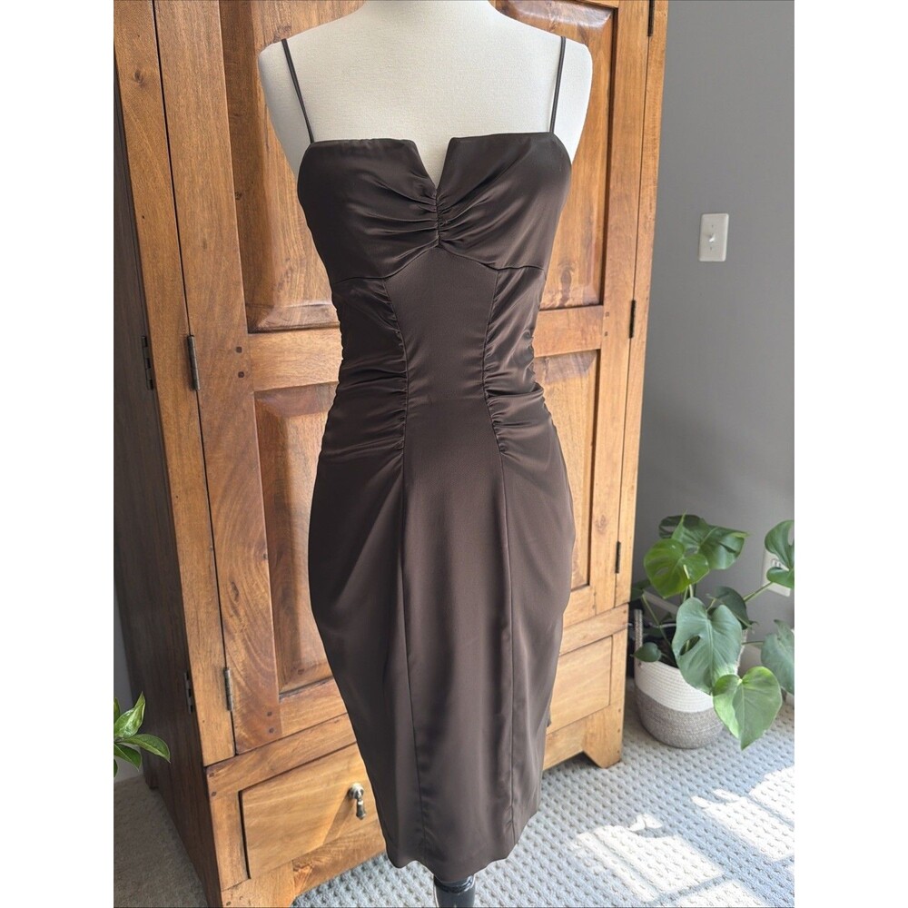 Vintage Y2K Cache Chocolate Brown Ruced Bodycon Cocktail Dress Size 6